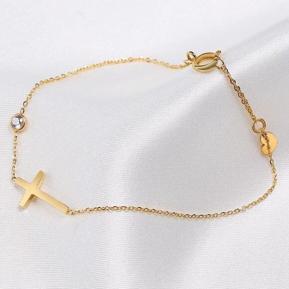 Gold Sideways Cross Bracelet Cubic Zirconia Charm - Picture 3 of 11